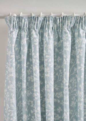 Catherine Lansfield Brooke Floral 66x90 Inch Lined Pencil Pleat Curtains Duck egg Blue