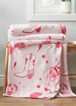 Sassy B Cowgirl Boots Cosy Fleece 200x240cm Oversized Blanket Throw Pink