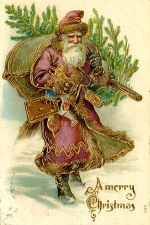 Father Christmas Dressed in Pink Carrying Pack of toys and Pine Tree, Beatrice Litzinger Collection - Wall Art Print, 12x18