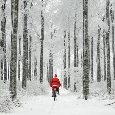 Father Christmas on a Bicycle in Snow - Photographic Print, 16x16