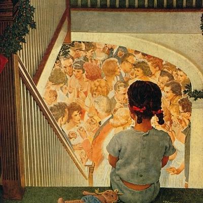Little Girl Looking Downstairs at Christmas Party - Giclee Print, 16x16