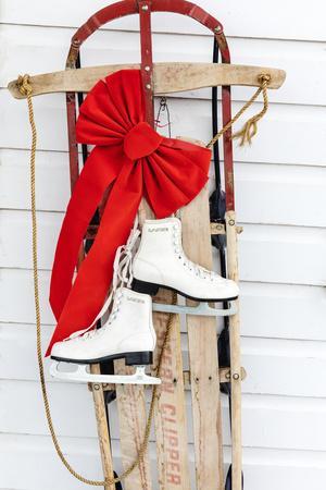 Old fashioned sled with ice skates at Chico Hot Springs, Pray, Montana, USA - Photographic Print, 8x12
