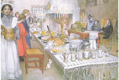 On Christmas Eve, the Huge Long Table in the Big Hall Is Absolutely Covered with the Food - Giclee Print, 18x12