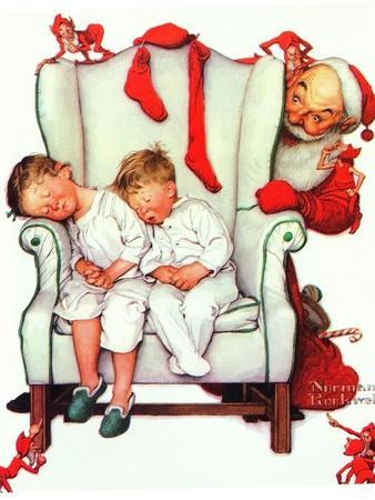 Santa Looking at Two Sleeping Children (or Santa Filling the Stockings) - Giclee Print, 12x16